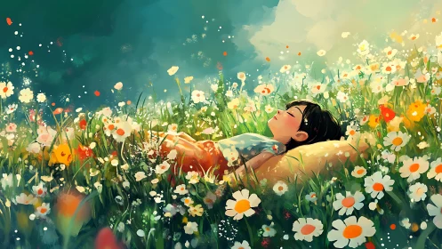 Peaceful child resting in a sunlit meadow of wildflowers.