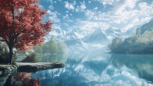 Glacial lake mirror reflects red maple and snow-covered peaks
