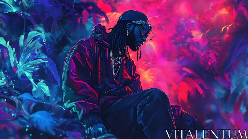 Neon backlit figure in reflective jacket amid saturated vapor clouds