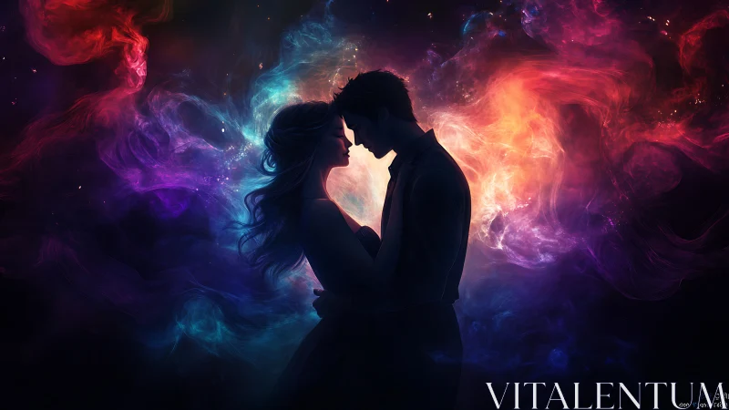 Silhouetted figures embrace within cosmic nebula energy.