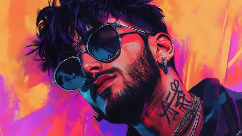 Neon portrait shows tattooed man in reflective sunglasses