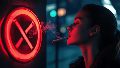 Neon no-smoking icon contrasts with side-lit woman exhaling smoke
