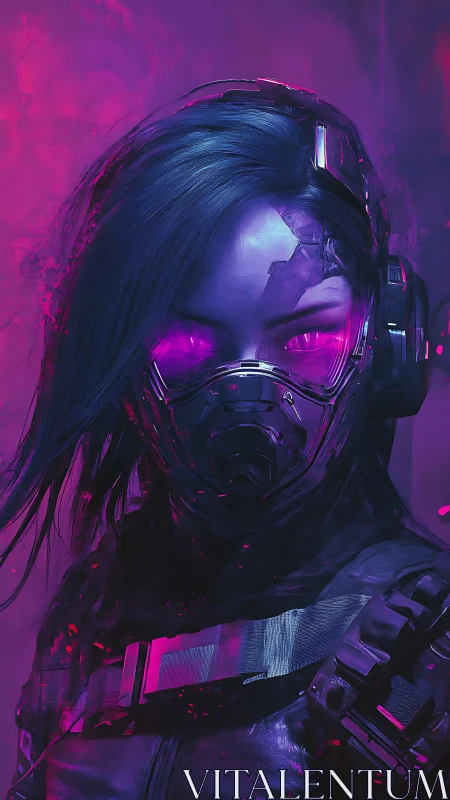 Augmented cyberpunk operative with neon visor and respirator