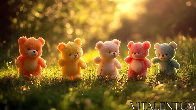 Row of colorful toy bears in warm evening sunlight.