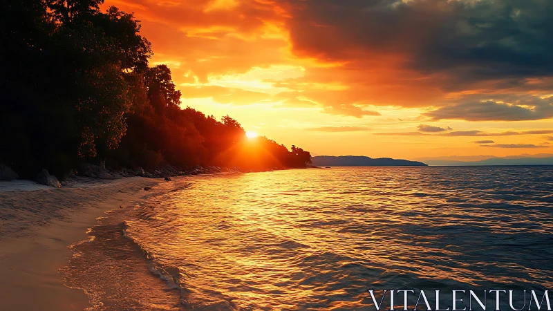 Fiery coastal sunset over calm shoreline and forested cliffs.