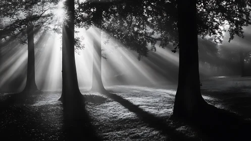 Morning sunbeams pour gently through a quiet forest grove
