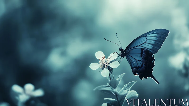 Blue butterfly rests on small white flower in soft focus