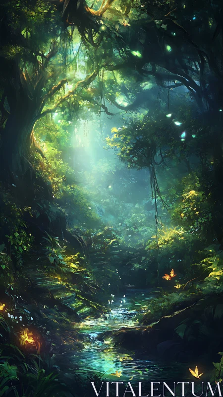 Luminescent Forest Cavern with Bioluminescent Stream.