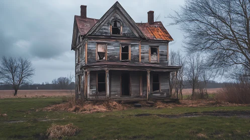Weathered two story farmhouse with collapsed porch in rural field