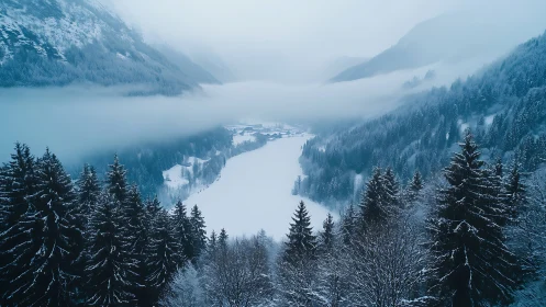 Snow covered conifer forest and misty alpine valley view.