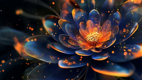 Luminous cyber-lotus blooms in ember-speckled midnight space