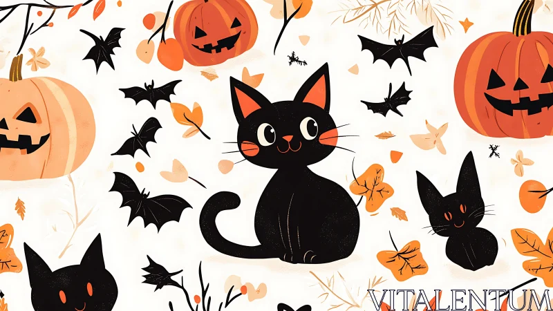 Festive Halloween Scene With Smiling Black Cats and Pumpkins