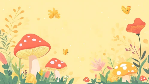 Whimsical amanita mushrooms with butterflies on pastel meadow ground