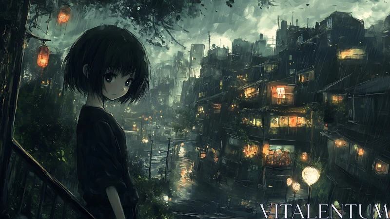 Rainlit hillside alleys watch a quiet girl cradle the night.