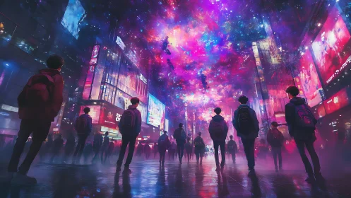 Teenagers watch neon cosmic sky above misty city street