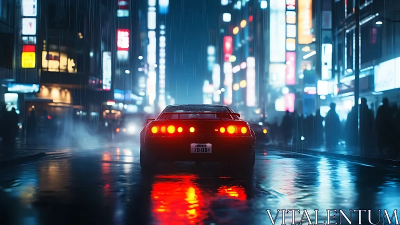 Neon rainstorm crowns a lone sports car in electric night.