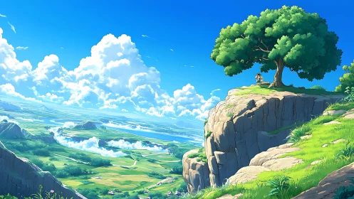 Bright travelers pause under a lone tree above wide valleys