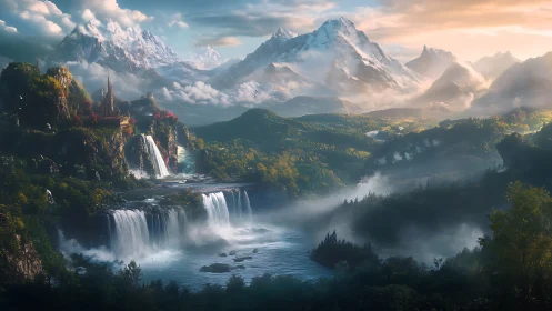 Majestic tiered waterfalls beneath luminous alpine peaks.
