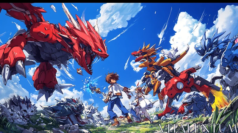 Boy and girl facing robotic dragons in bright sky battle