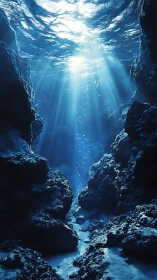 Sunlit underwater canyon filled with peaceful blue wonder.