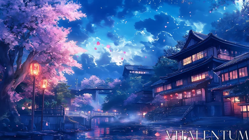 Nighttime cherry blossoms over riverside traditional houses.