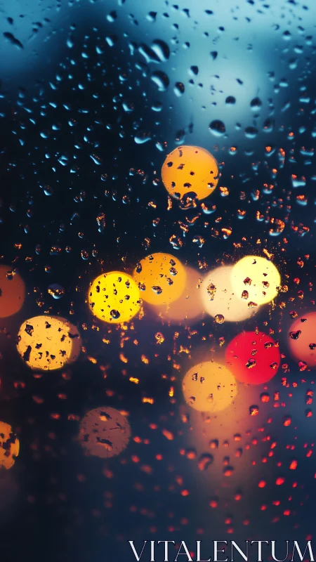 Raindrops on glass obscure defocused multicolored light sources