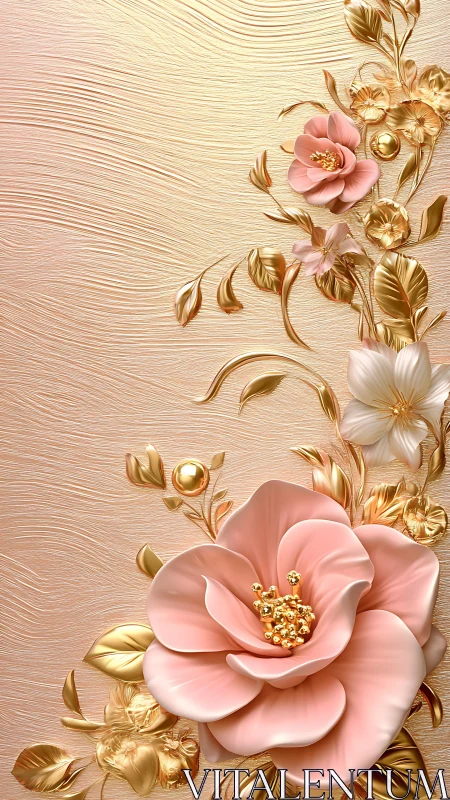 Luxe Floral Arrangement: Pink Blossoms on Gilded Background.