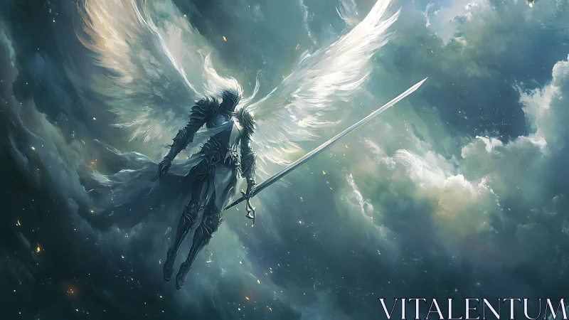 Armored seraph descending with sword through storm clouds.