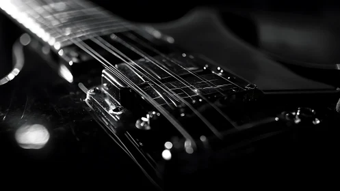 Close view shows electric guitar strings, pickups and bridge