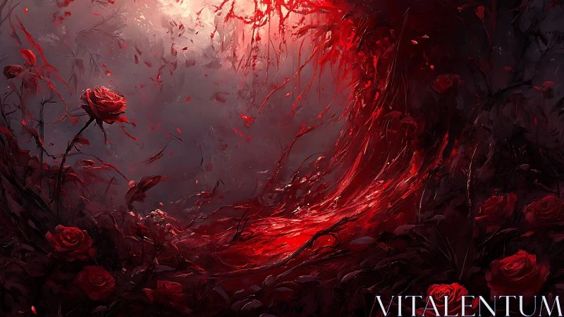 Crimson rose vortex where twilight gardens start to dream.