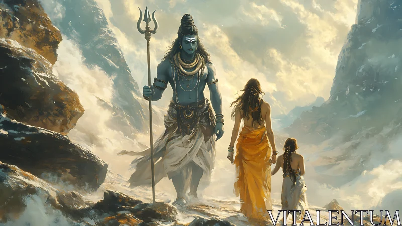 Himalayan godly guardians stride through stormlit snowfields.