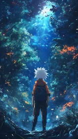 Solitary figure observing dense illuminated forest canopy.