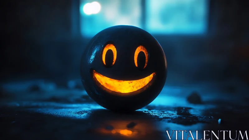 Backlit smiling jack o lantern sphere in moody blue bokeh glow