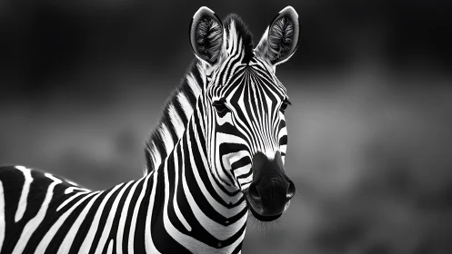 Black and white close-up portrait of a zebra in profile.