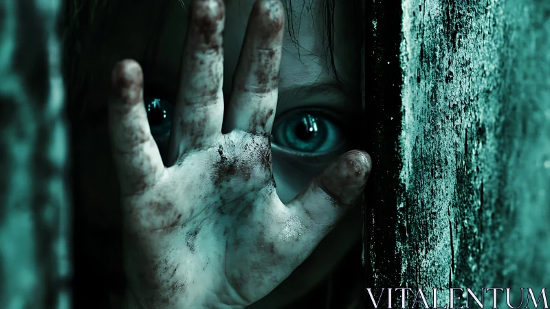 Child’s dirty hand blocks narrow gap while fearful eye stares