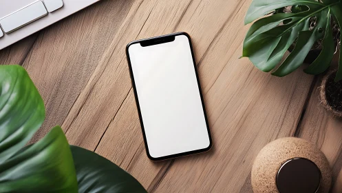 Modern Workspace: Smartphone Surrounded by Nature.