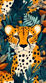 Stylized cheetah portrait amid bold tropical foliage.