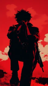 Silhouetted gunslinger folds into crimson storm of memory