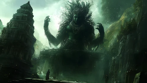 Colossal jungle deity awakens above drowned temple ruins.