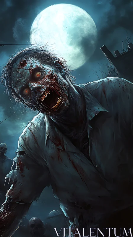 Decayed zombie under full moon in dark graveyard scene.
