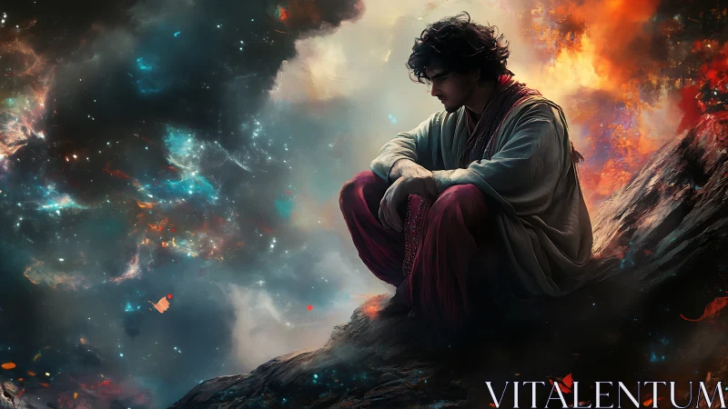 Solitary wanderer contemplates amid swirling cosmic fire.