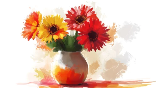 Polychromatic Gerbera Arrangement in Ceramic Vessel: Digital Painting.