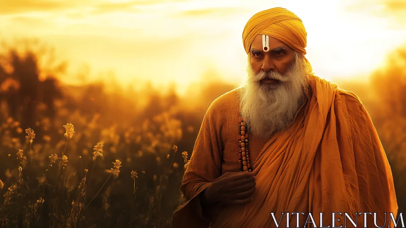 Elderly ascetic in saffron robes walking through golden field