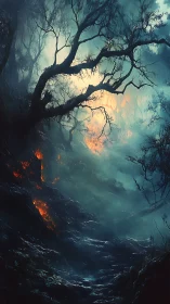 Gnarled tree silhouette against fiery sky with forest fire