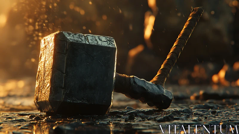 Weathered stone hammer resting in golden evening light.