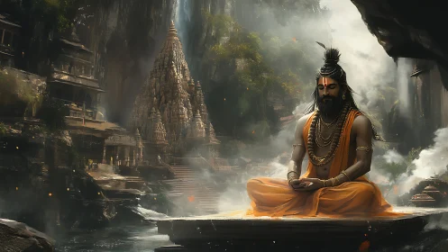 Meditating sage in orange robes before misted rock-cut shikhara temple