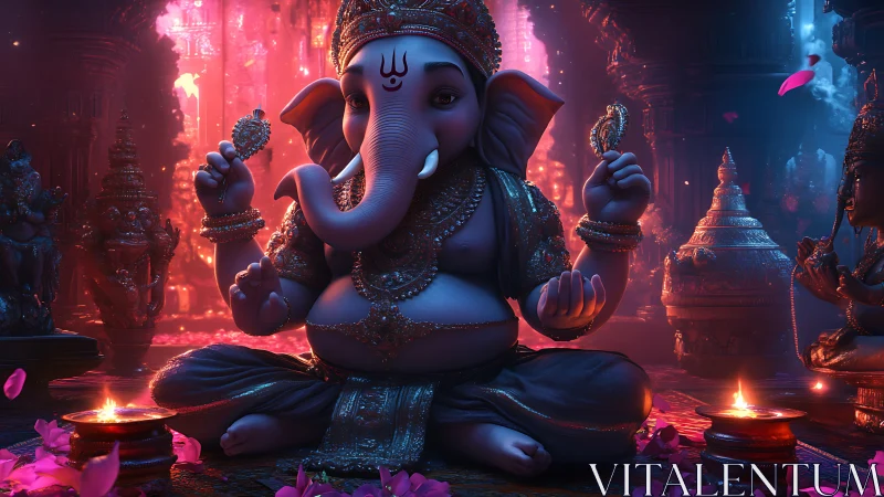 Serene Ganesha idol glows in vibrant temple candlelight