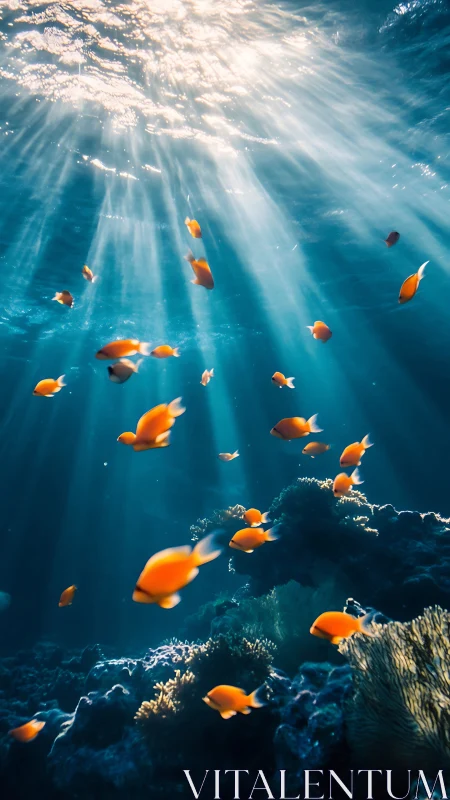 Sunlit tropical reef with orange fish schooling in blue water