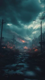 Post-apocalyptic arterial street under volatile stormfront sky.