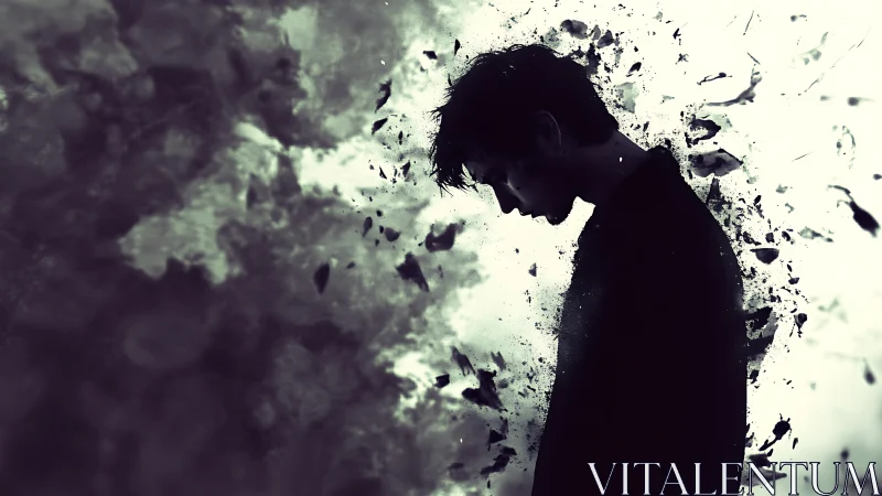 Silhouetted man dissolves into abstract smoky fragments.